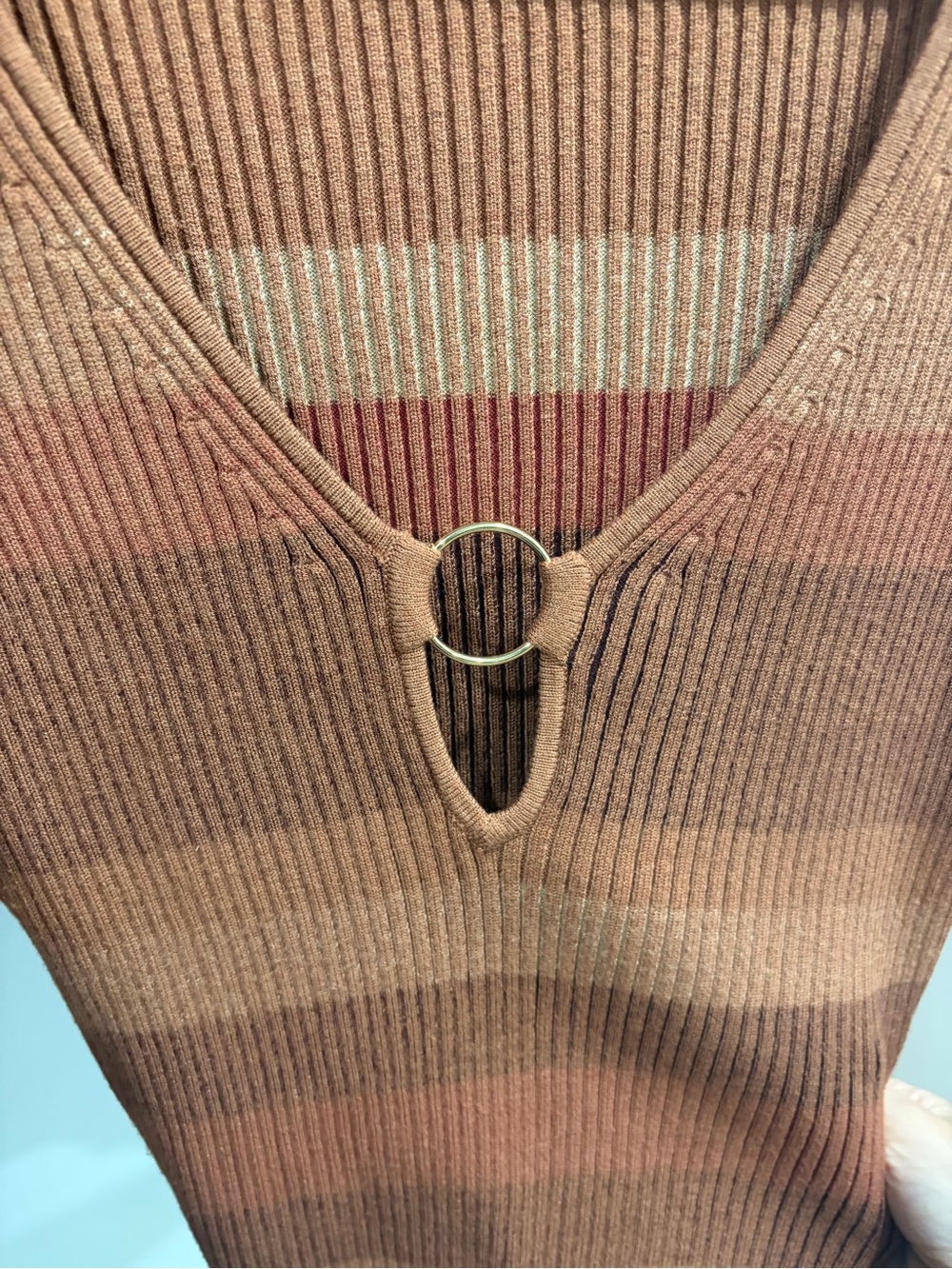 INTERMIX Rust-Brown Striped Ribbed V-Neck Long Sleeve Top with Ring Detail - Picture 6 of 6